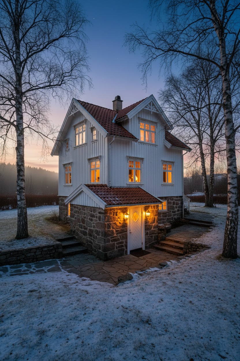 A white two-story house with a red-tiled roof and a stone foundation sits in a snow-covered yard at dusk, surrounded by bare birch trees.