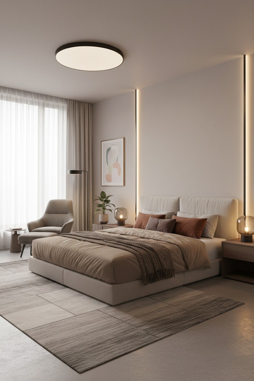 A modern, minimalist bedroom features a large beige bed with brown pillows, wood nightstands with lamps, vertical light strips on the wall, and a large window with sheer curtains.